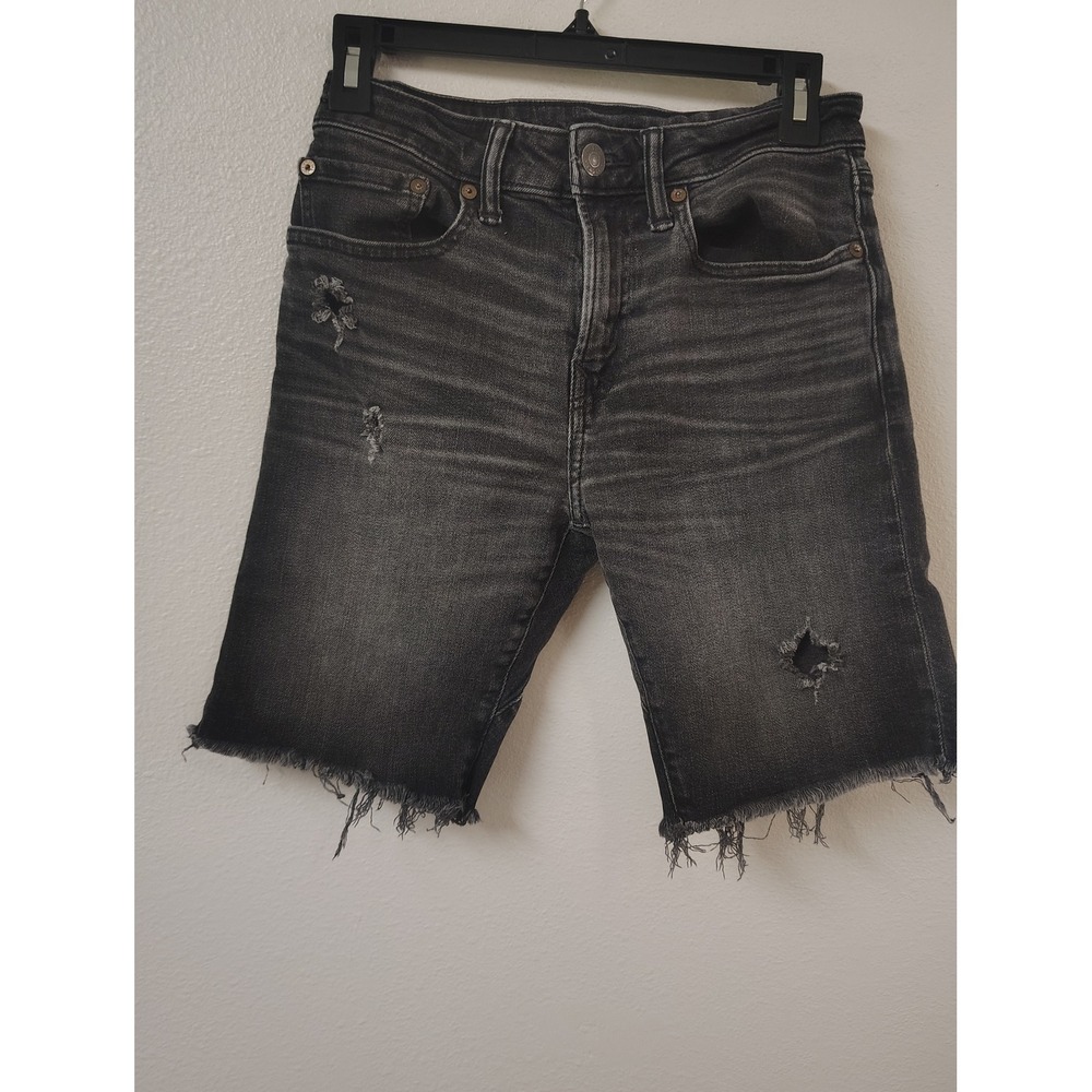 American Eagle Womens Next Level Stretch Black Distressed Denim Cutoff Shorts 26
